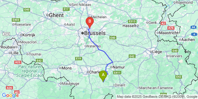 Map: Brussels Zaventem Airport (BRU) to Ermeton-Sur-Biert