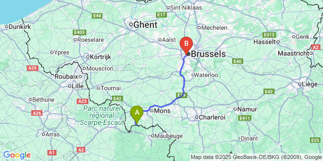 Map: Brussels Midi Train Station to Erquennes