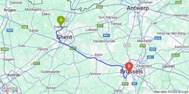 Map: Brussels Midi Train Station to Evergem