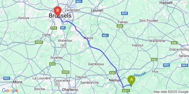 Map: Brussels Midi Train Station to Faulx-Les-Tombes