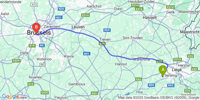 Map: Brussels Midi Train Station to Flémalle-Haute