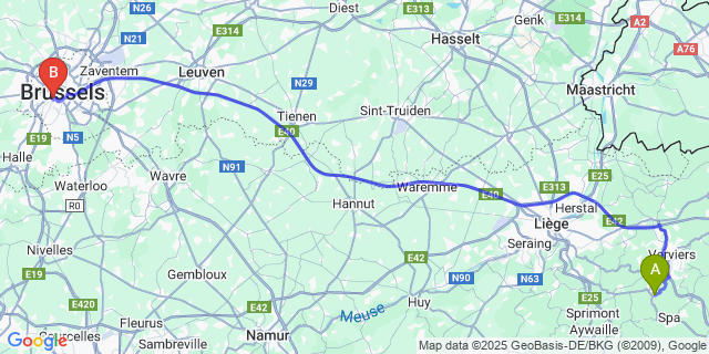 Map: Brussels Midi Train Station to Franchimont