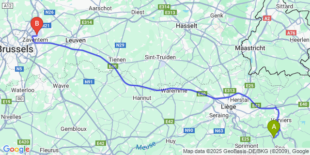 Map: Brussels Zaventem Airport (BRU) to Franchimont
