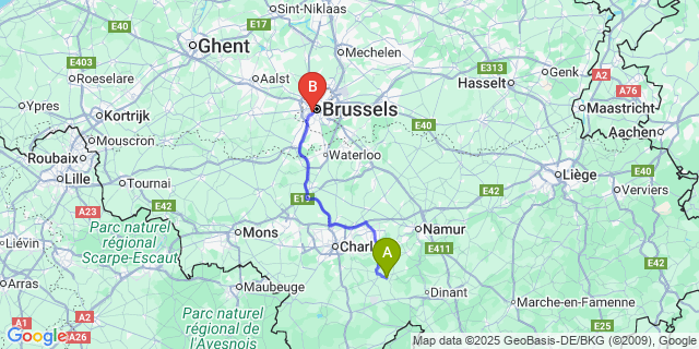 Map: Brussels Midi Train Station to Furnaux
