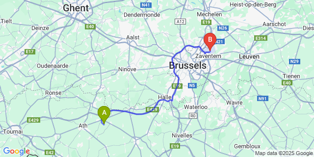 Map: Brussels Zaventem Airport (BRU) to Gibecq