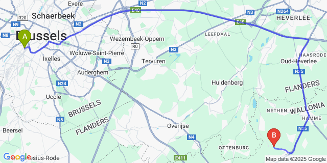 Map: Brussels Midi Train Station to Archennes
