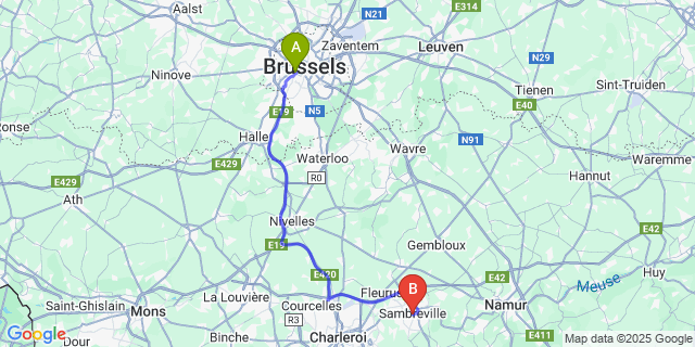 Map: Brussels Midi Train Station to Auvelais