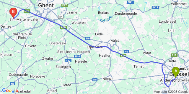 Map: Brussels Midi Train Station to Bachte-Maria-Leerne