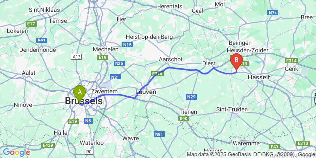 Map: Brussels Midi Train Station to Berbroek