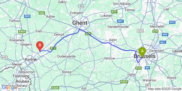 Map: Brussels Midi Train Station to Beveren-Leie