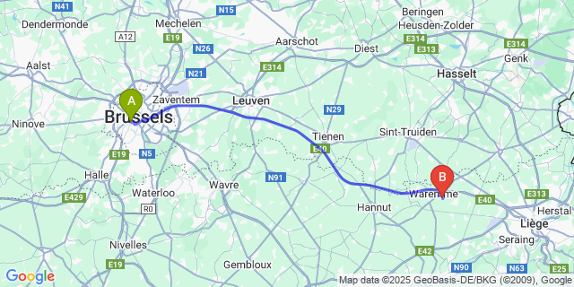 Map: Brussels Midi Train Station to Bleret