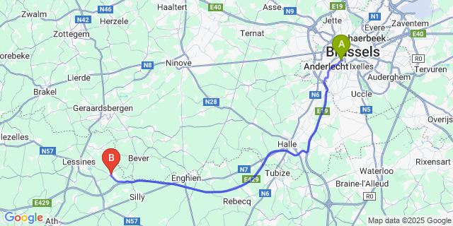 Map: Brussels Midi Train Station to Bois-De-Lessines