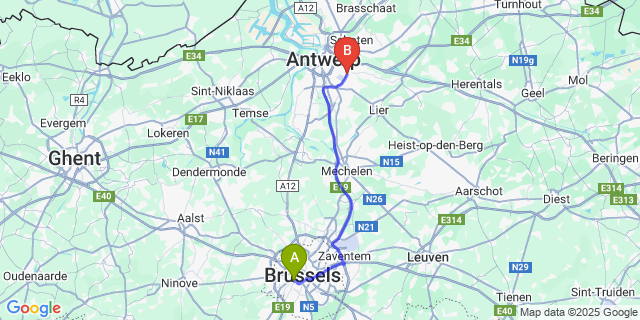 Map: Brussels Midi Train Station to Borsbeek