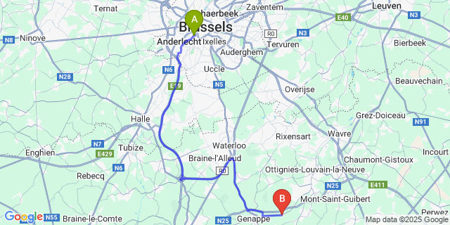 Map: Brussels Midi Train Station to Bousval