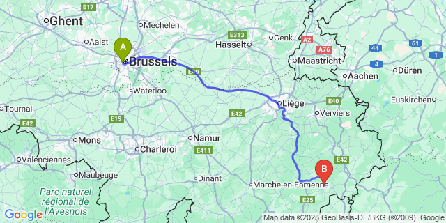 Map: Brussels Midi Train Station to Bovigny