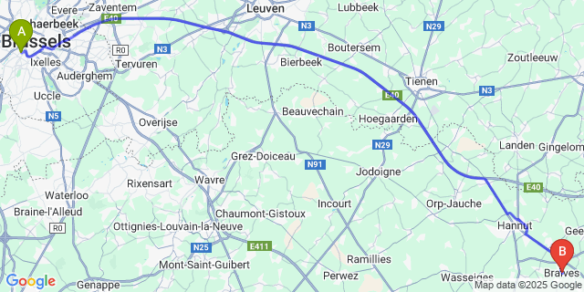 Map: Brussels Midi Train Station to Braives