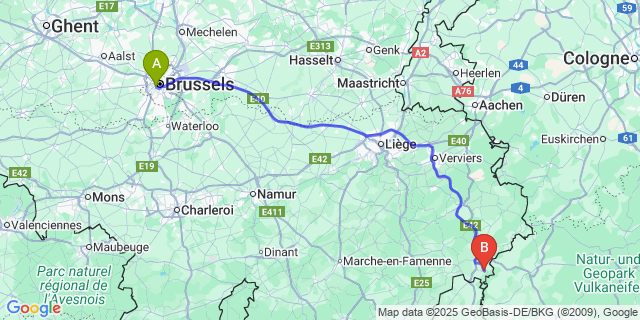 Map: Brussels Midi Train Station to Burg-Reuland
