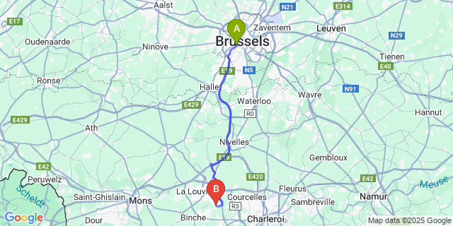 Map: Brussels Midi Train Station to Carnières