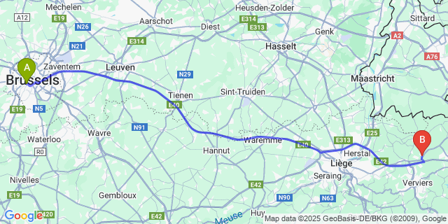 Map: Brussels Midi Train Station to Clermont-Sur-Berwinne