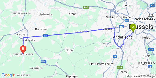Map: Brussels Midi Train Station to Denderwindeke