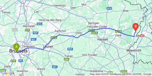 Map: Brussels Midi Train Station to Eisden