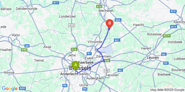 Map: Brussels Midi Train Station to Elewijt