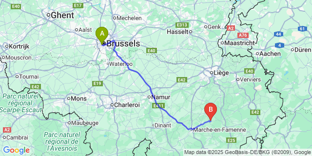 Map: Brussels Midi Train Station to Érezée