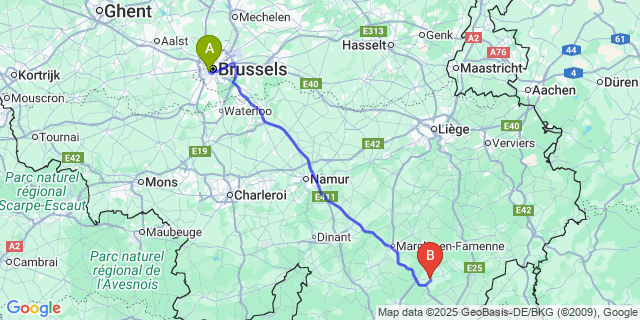 Map: Brussels Midi Train Station to Erneuville