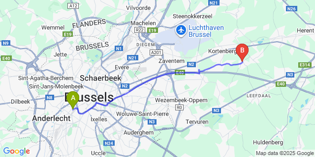 Map: Brussels Midi Train Station to Everberg