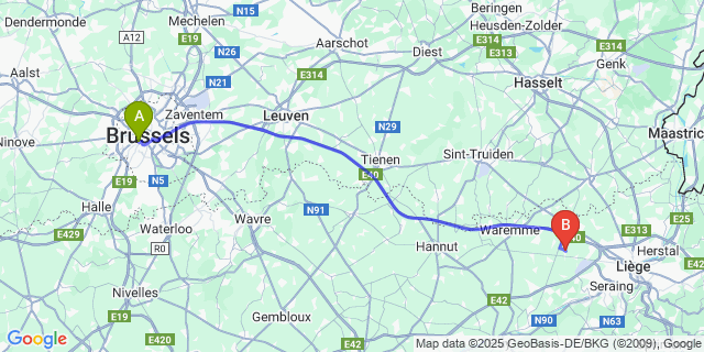 Map: Brussels Midi Train Station to Fexhe-le-Haut-Clocher