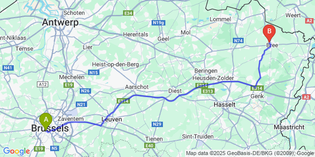 Map: Brussels Midi Train Station to Gerdingen