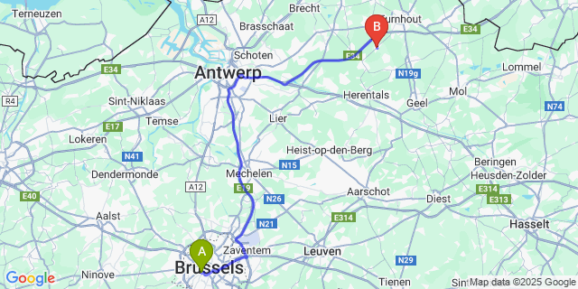 Map: Brussels Midi Train Station to Gierle