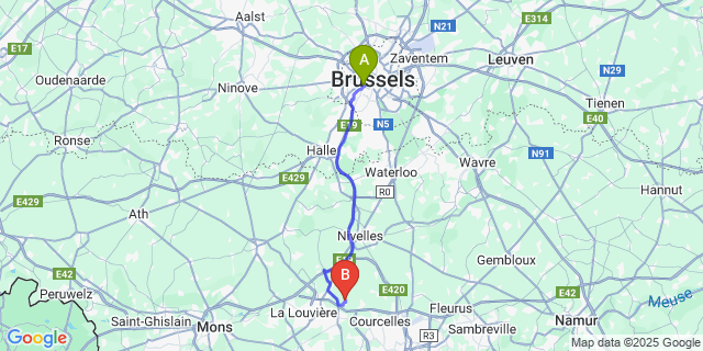 Map: Brussels Midi Train Station to Godarville