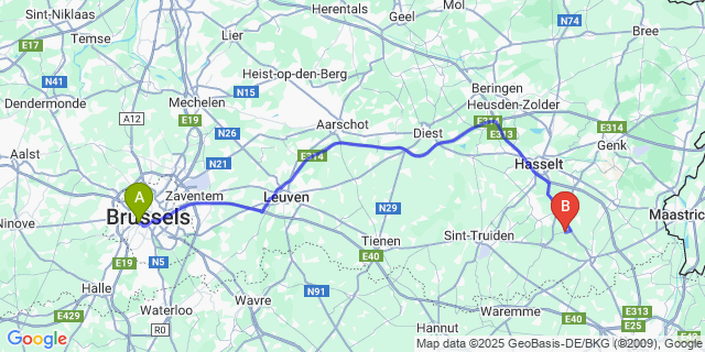 Map: Brussels Midi Train Station to Gors-Opleeuw