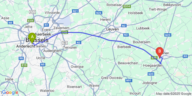 Map: Brussels Midi Train Station to Groot-Overlaar