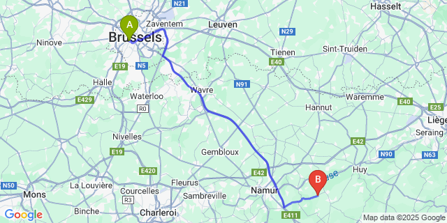 Map: Brussels Midi Train Station to Haltinne