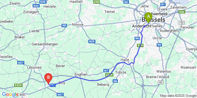 Map: Brussels Midi Train Station to Hellebecq