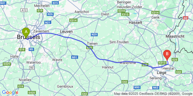Map: Brussels Midi Train Station to Hermée