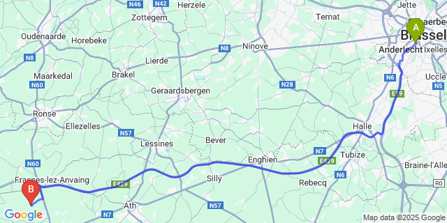 Map: Brussels Midi Train Station to Herquegies