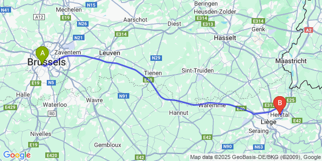 Map: Brussels Midi Train Station to Herstal