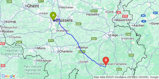 Map: Brussels Midi Train Station to Hodister