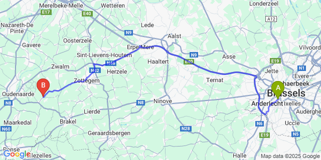 Map: Brussels Midi Train Station to Horebeke