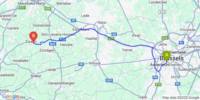 Map: Brussels Midi Train Station to Hundelgem