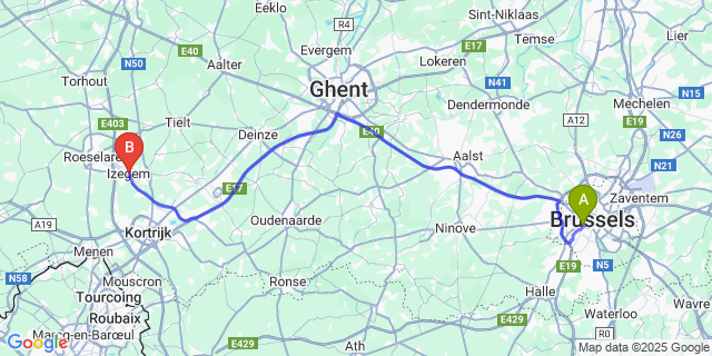 Map: Brussels Midi Train Station to Izegem