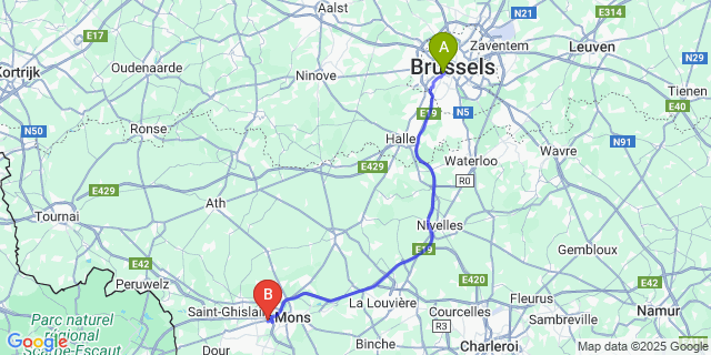 Map: Brussels Midi Train Station to Jemappes