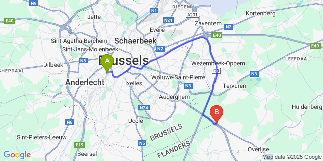 Map: Brussels Midi Train Station to Jezus-Eik