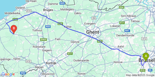 Map: Brussels Midi Train Station to Kaaskerke