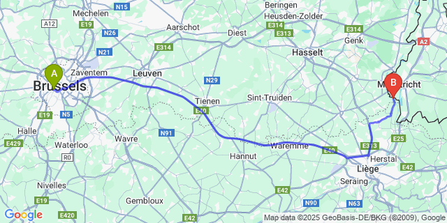 Map: Brussels Midi Train Station to Kanne