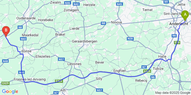 Map: Brussels Midi Train Station to Kluisbergen