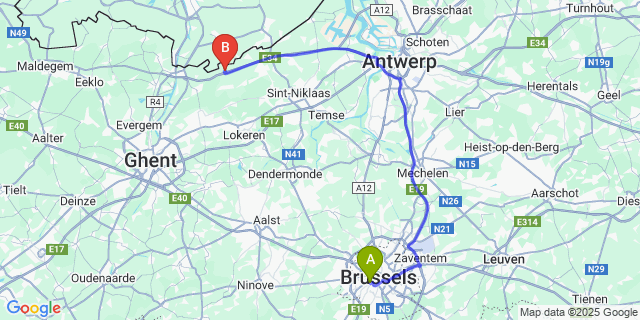 Map: Brussels Midi Train Station to Kruisstraat